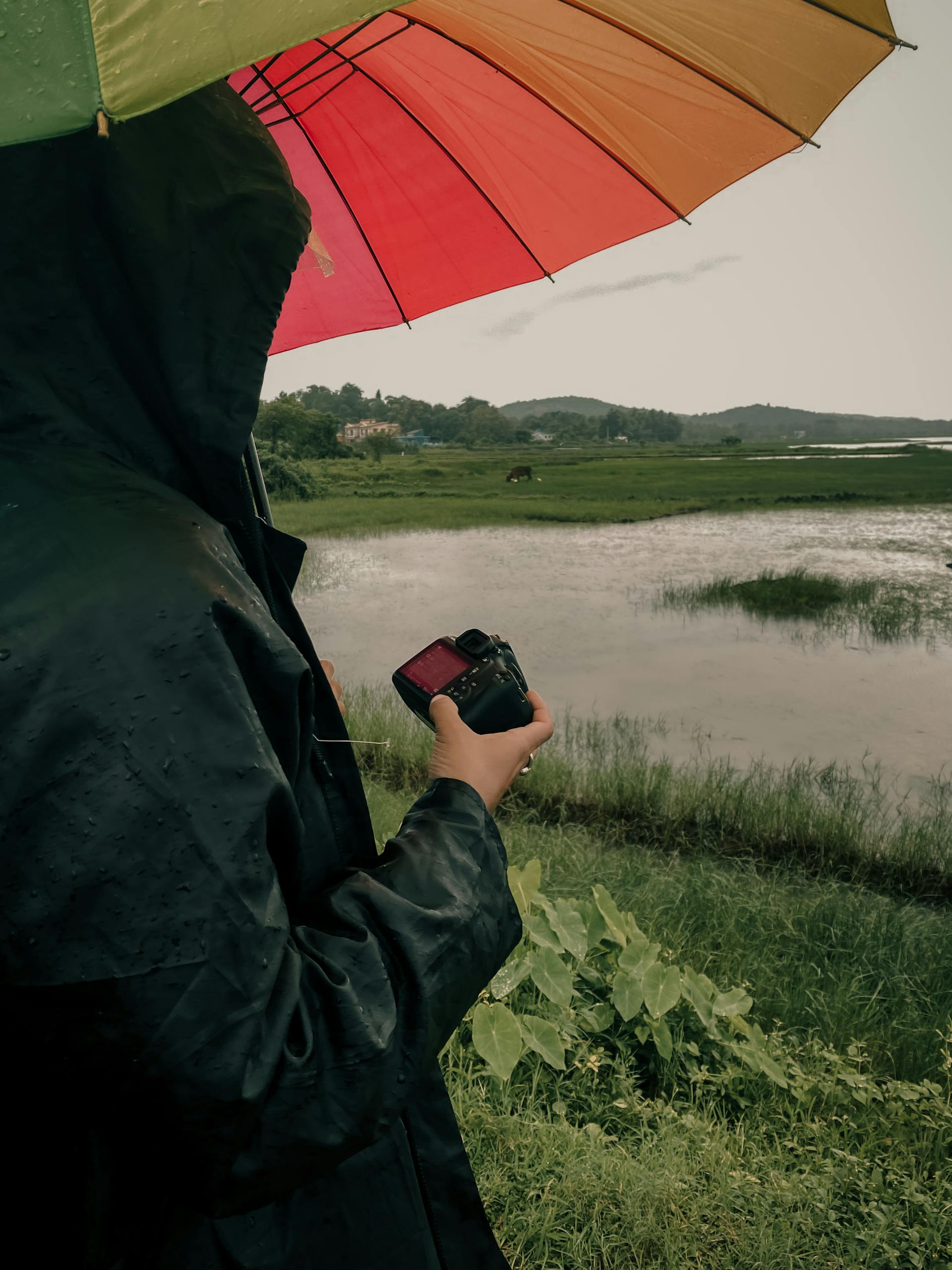 Person capturing rainy landscape with umbrella by a tranquil river.